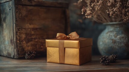 Elegant Golden Gift Box Surrounded by Rustic Decor and Natural Elements in a Cozy Setting