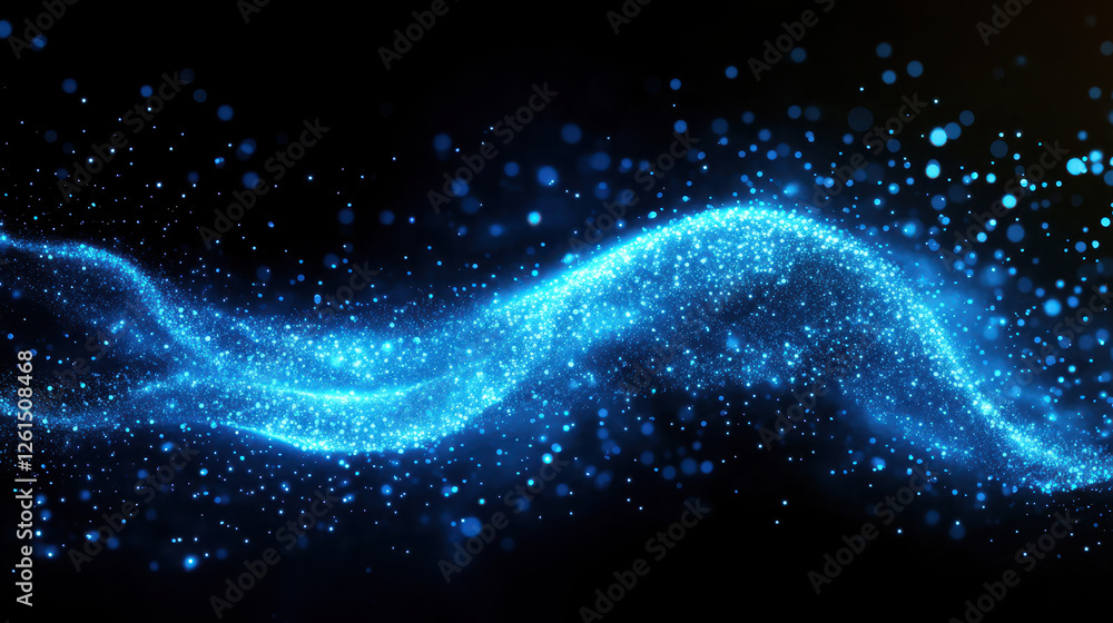Poster abstract blue glowing particles wave on a dark background with a bokeh effect