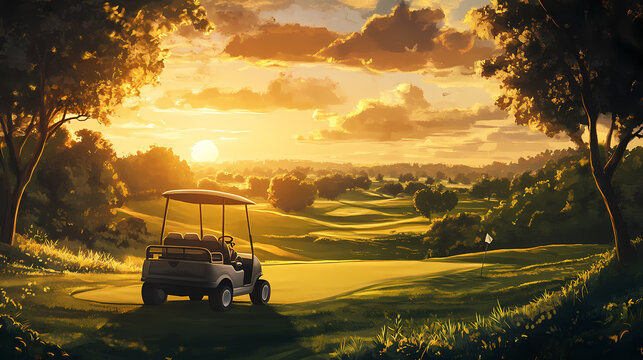 Golf cart on a lush green course at sunset. peaceful, serene golfing scene. Golem-Forged Landscapes. Illustration