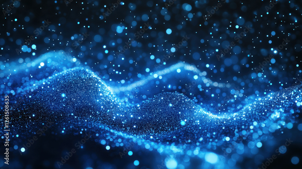 Poster abstract blue glowing particles wave on a dark background with a bokeh effect