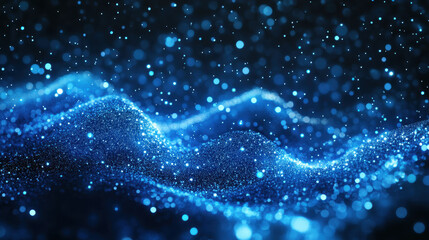 Abstract blue glowing particles wave on a dark background with a bokeh effect