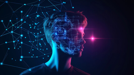 Young man showing artificial intelligence and neural network visualization