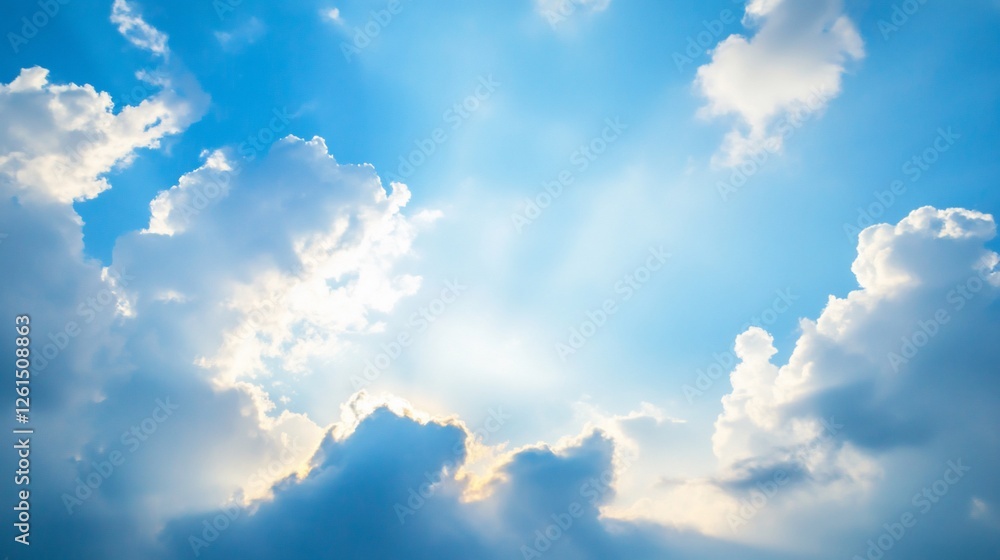 Poster a dynamic view of a clear sky with white clouds and sunlight beaming through them creating beautiful