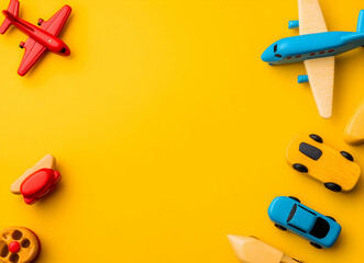 Vibrant yellow canvas adorned with an array of delightful wooden toys, sparking imagination and joyful learning for children and playful scenes