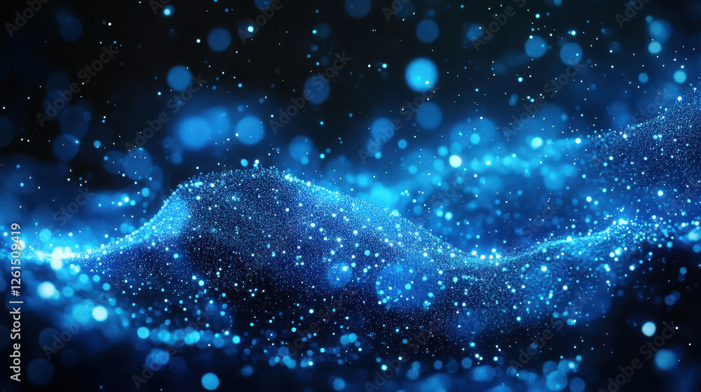 Poster abstract blue glowing particles wave on a dark background with a bokeh effect