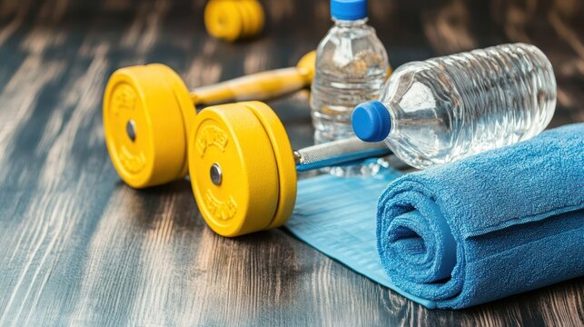 Fitness Essentials: Dumbbells, Water Bottles, and Towel on Wooden Surface
