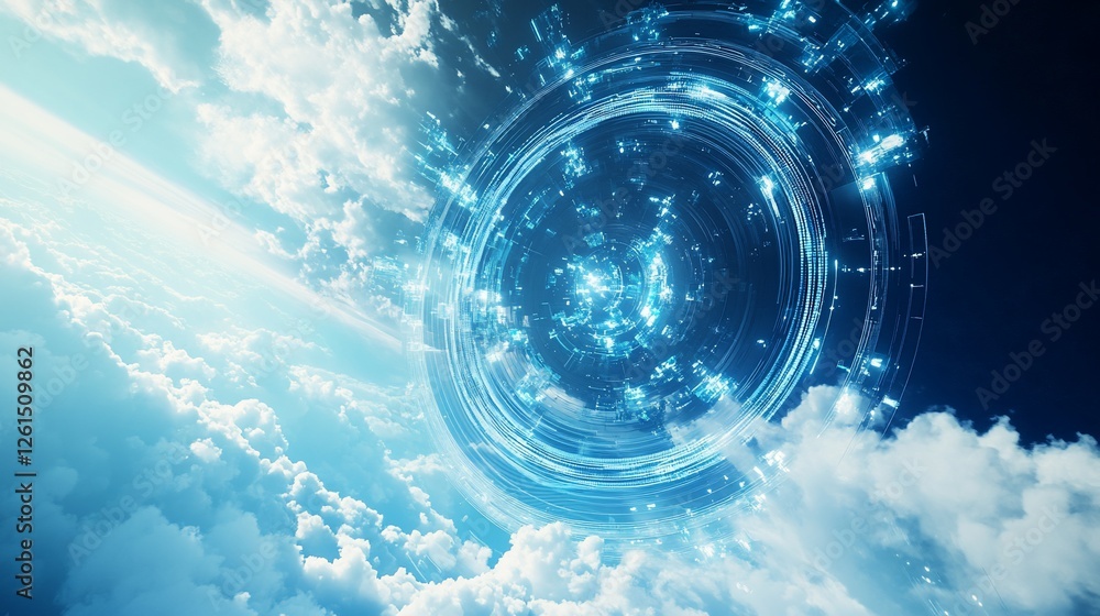 Poster dynamic abstract illustration with a powerful zoom effect and a technological sphere above clouds