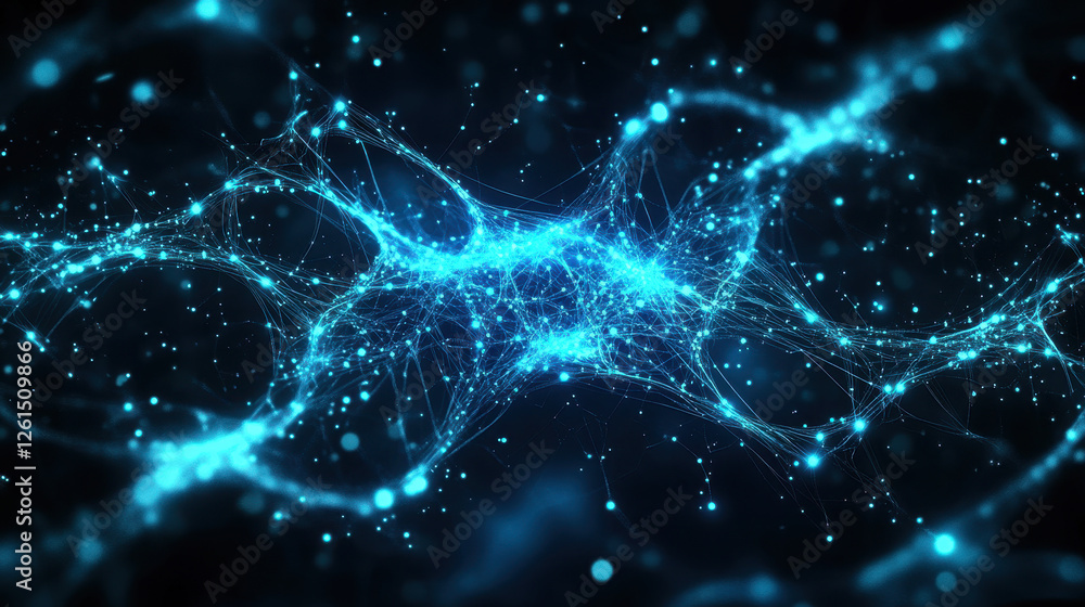 Poster abstract digital background with glowing blue particles and network connections on a dark background