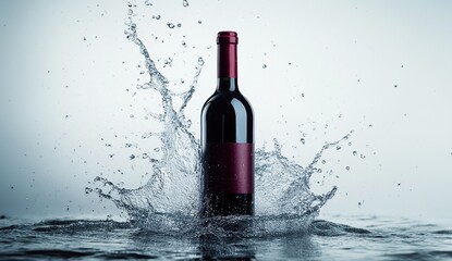 Wine Bottle in Water Splash: Refreshing Drink, Cool Liquid, Dark Glass, Red Label, Elegant Beverage, Still Life Photography, Clean Design, Crystal Clear Water, Dynamic Motion, Smooth Surface