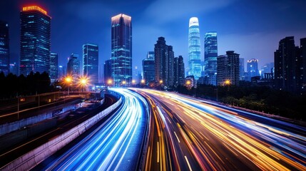 Obraz premium Night Lights: Urban Expressway and City Skyline