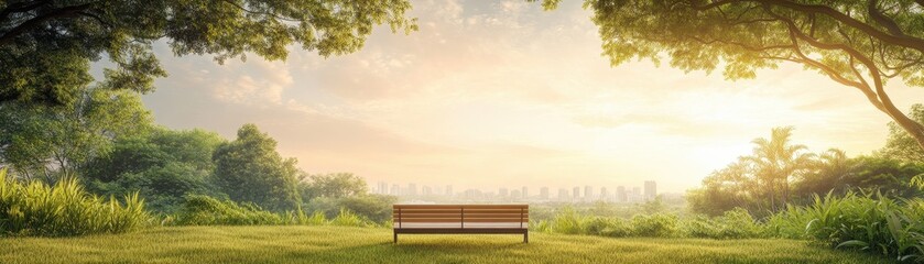 Fototapeta premium A serene park scene featuring a wooden bench surrounded by lush greenery under a beautiful sunset, perfect for relaxation.