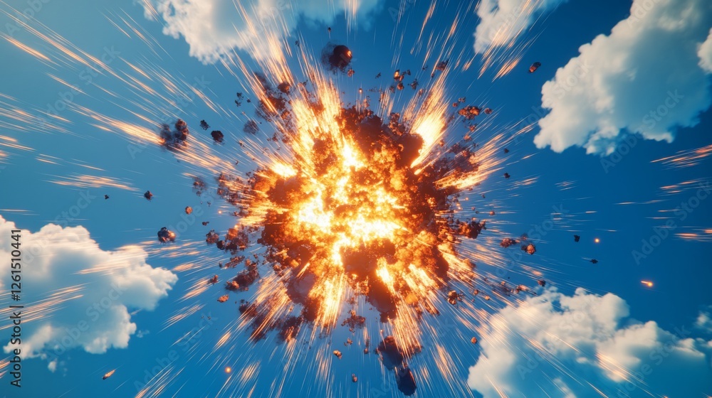 Poster explosive abstract illustration with zoom effect and fragmented debris and bright light