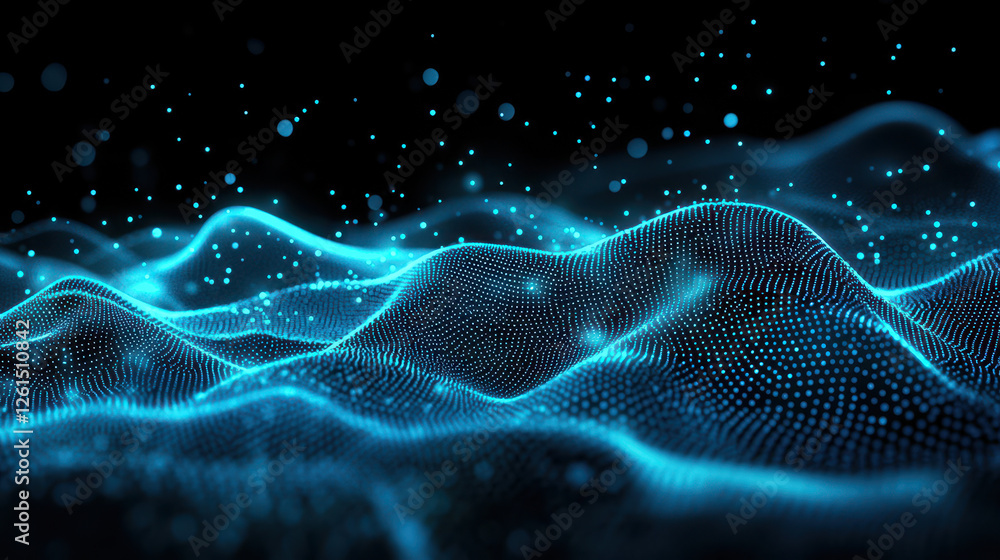 Poster abstract digital background with glowing blue particles and network connections on a dark background