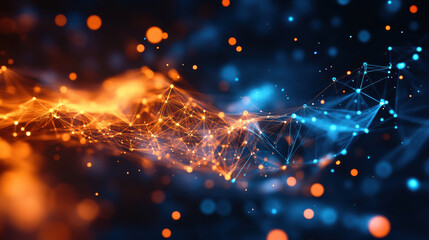 Abstract futuristic glowing orange and blue polygonal network on a dark background with particles