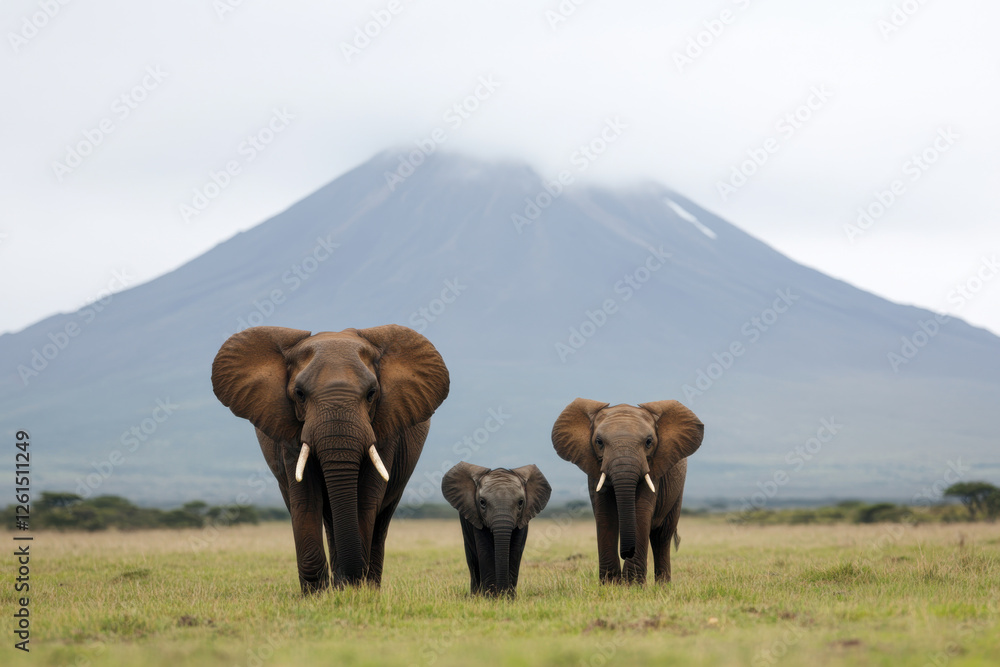 Poster three elephants standing in a field with a mountain in the background