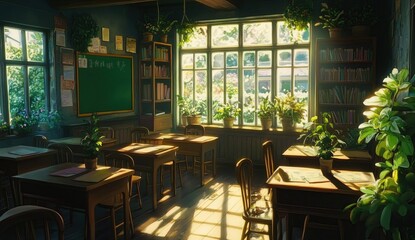 Fototapeta premium Sunlit Classroom: Wooden Desks, Plants, Books, and a Blackboard Illuminate a Serene Study Space