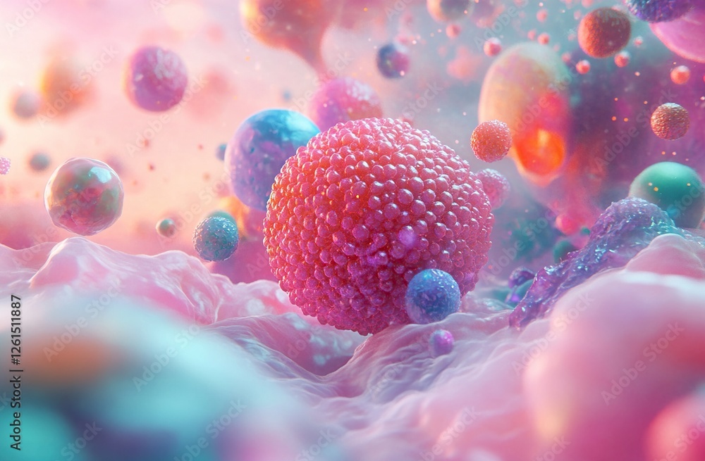 Poster microscopic cellular structures: vivid colors and dynamic movement in abstract cell biology visualiz
