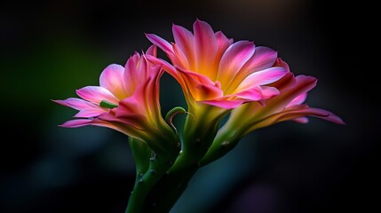 Vibrant Cactus Flowers with Pink Petals on Green Stems against Dark Background