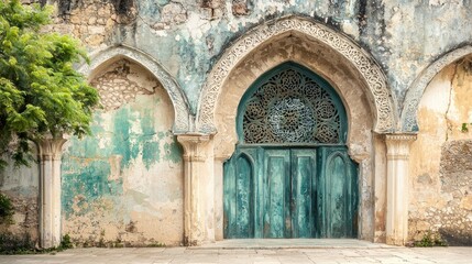 Fototapeta premium Intricate blue wooden door framed by ornate arches on a weathered, colorful wall in a serene setting