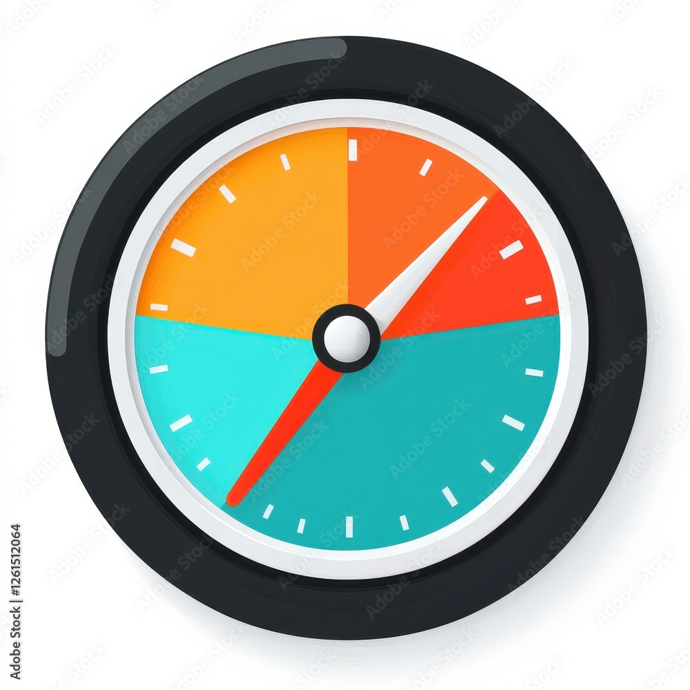 Poster colorful dial clock flat design icon with vector test isolated on white background illustration