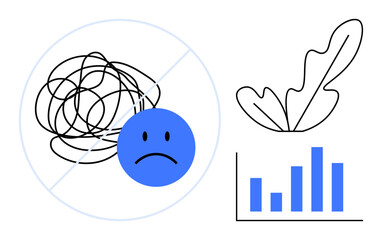 Entangled ball crossed out beside a sad face represents stress. Leaf symbolizes serenity, bar chart signifies progress. Ideal for mental health, personal growth, productivity, focus, wellness, stress