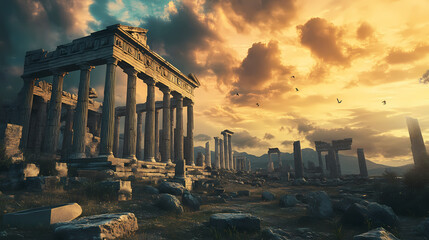 Obraz premium Echoes of antiquity: majestic ruins of a greek temple under a sky of dreams. Echoing Ruins. Illustration