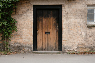 A wooden door with a black handle sits in front of a brick building
