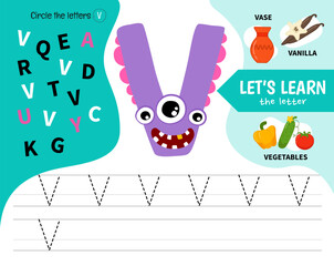 Kids learning material. Worksheet for learning alphabet. Letter V. Illustration of cute cartoon monster letters.
