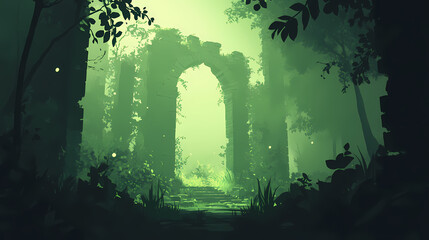 Lush ruins enveloped in greenery, illuminated by soft light, evoking a sense of mystery. Echoing Ruins. Illustration
