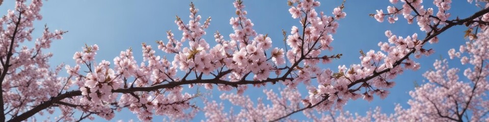 Fototapeta premium Full bloom of cherry blossoms with branches against the backdrop of a clear blue sky, vibrant colors, blossom
