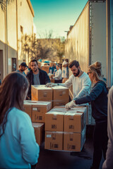 Volunteers loading boxes into truck for community support in alleyway setting.