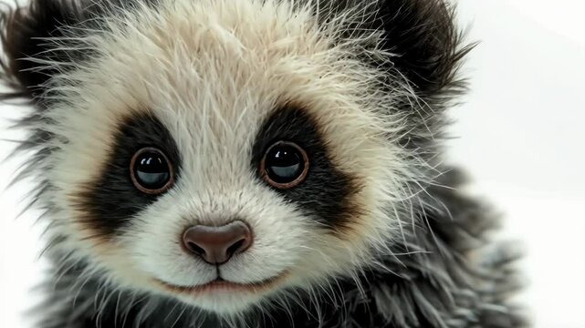 Cute panda cub with fluffy fur and expressive eyes poses against a white background in a playful manner