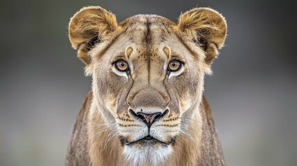 Naklejka premium Majestic Lioness Portrait: A Close-Up of a Powerful Wild Cat in its Natural Habitat