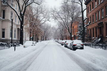 A snowy street with cars parked on the side