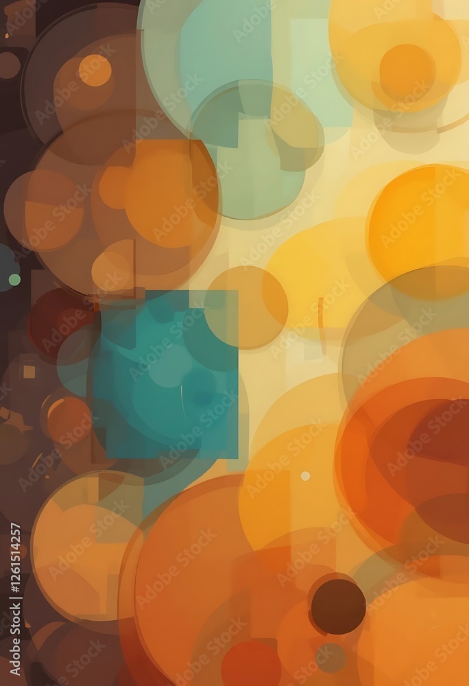 Poster abstract artwork featuring overlapping circles and squares in warm tones