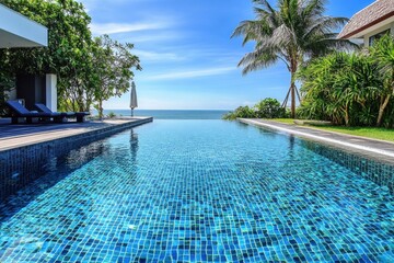 Obraz premium Infinity pool with ocean view, lush landscaping, and lounge chairs. Perfect for luxury real estate, travel, or resort marketing.