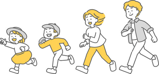 Fototapeta premium 走ってお出かけする子ども連れの家族のイラスト 