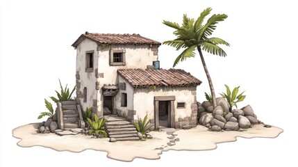 Quaint coastal house with palm trees and rocks on a sandy beach, evoking a tropical getaway