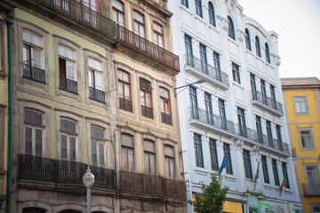 Old building facades with balconies in Porto, Portugal.