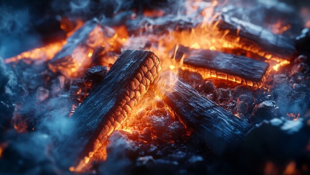 Burning wood fire, close-up view of embers and smoke
