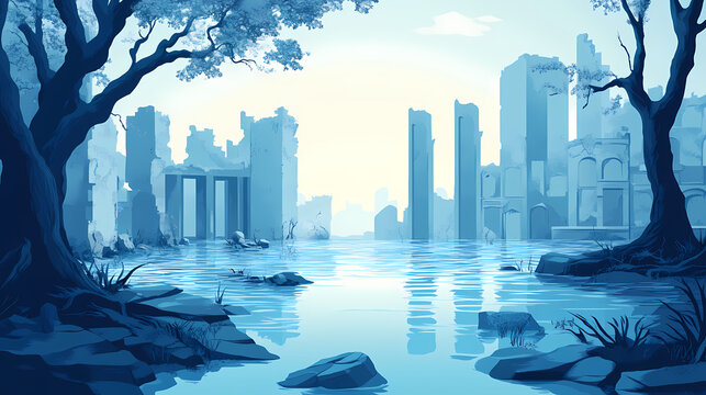 A calm and reflective mood piece of a lakelike flood around city ruins. Echoing Ruins. Illustration