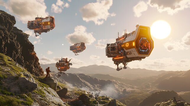 Futuristic spaceships hover over a rugged, mountainous landscape at sunset. A lone figure observes from a rocky outcrop, creating a dramatic and otherworldly scene. - Powered by Adobe