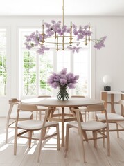 A modern dining room with a round wooden table and chairs. a chandelier. and a vase of lilac flowers on the table The room has large windows with a view of trees outside