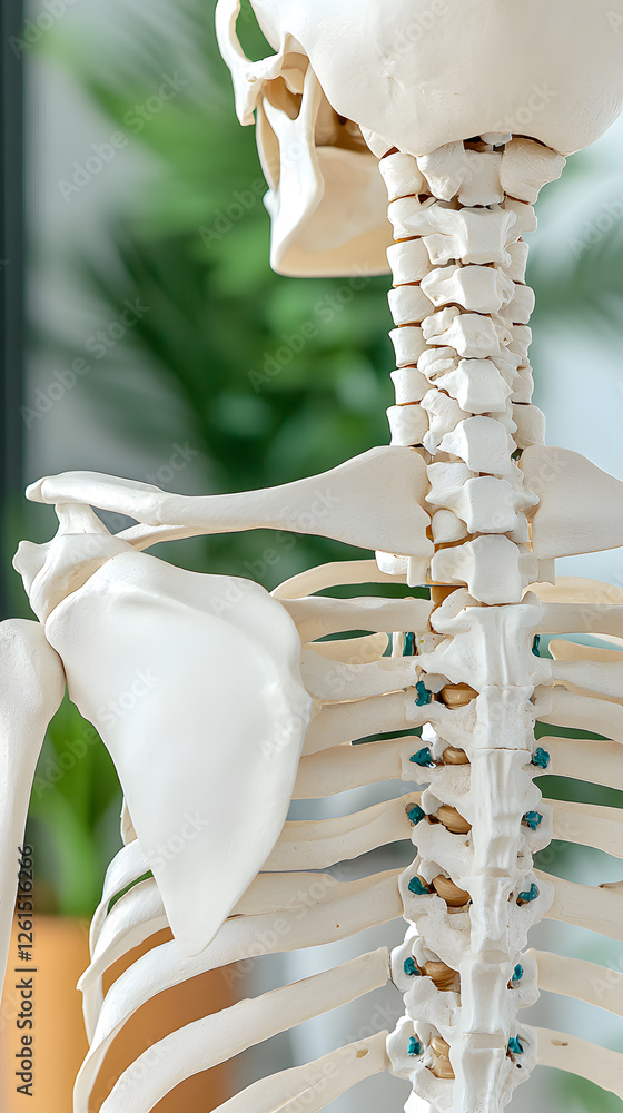 Poster anatomical study of human skeleton model in modern classroom setting educational environment close-u
