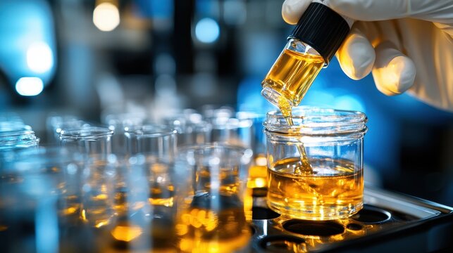 Gloved hand pours golden liquid into small jars. Shows lab process of filling containers with product, ideal for medical, science, or manufacturing contexts.