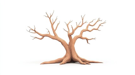 A solitary, gnarled tree with twisted branches, set against a plain white background, symbolizing resilience