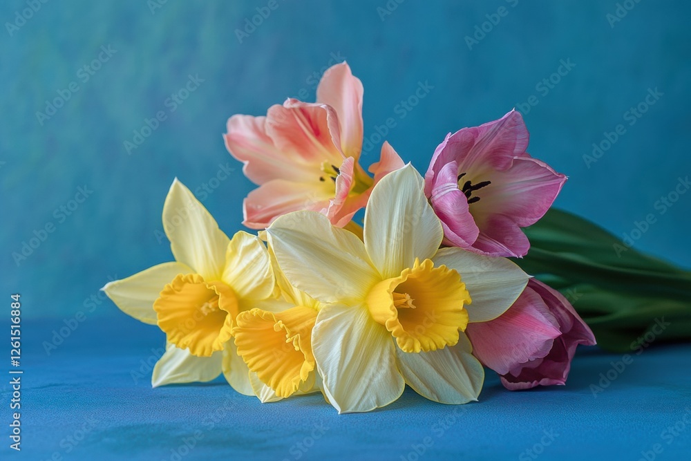 Poster a bouquet of daffodils and tulips against the blue background, a beautiful spring flower arrangement