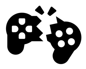 A black and white icon of a broken game controller symbolizing gaming frustration rage quit gaming addiction or hardware damage. © jattumongkhon