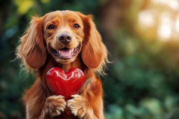 Irish setter - my beloved dog, symbol of friendship. Cute irish setter pooch with diamond red heart on a walk in a spring green space. Marketing companion animal creative. Red heart and dog.