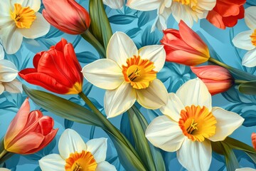 A beautiful bouquet of daffodils and tulips against the blue background Generative AI
